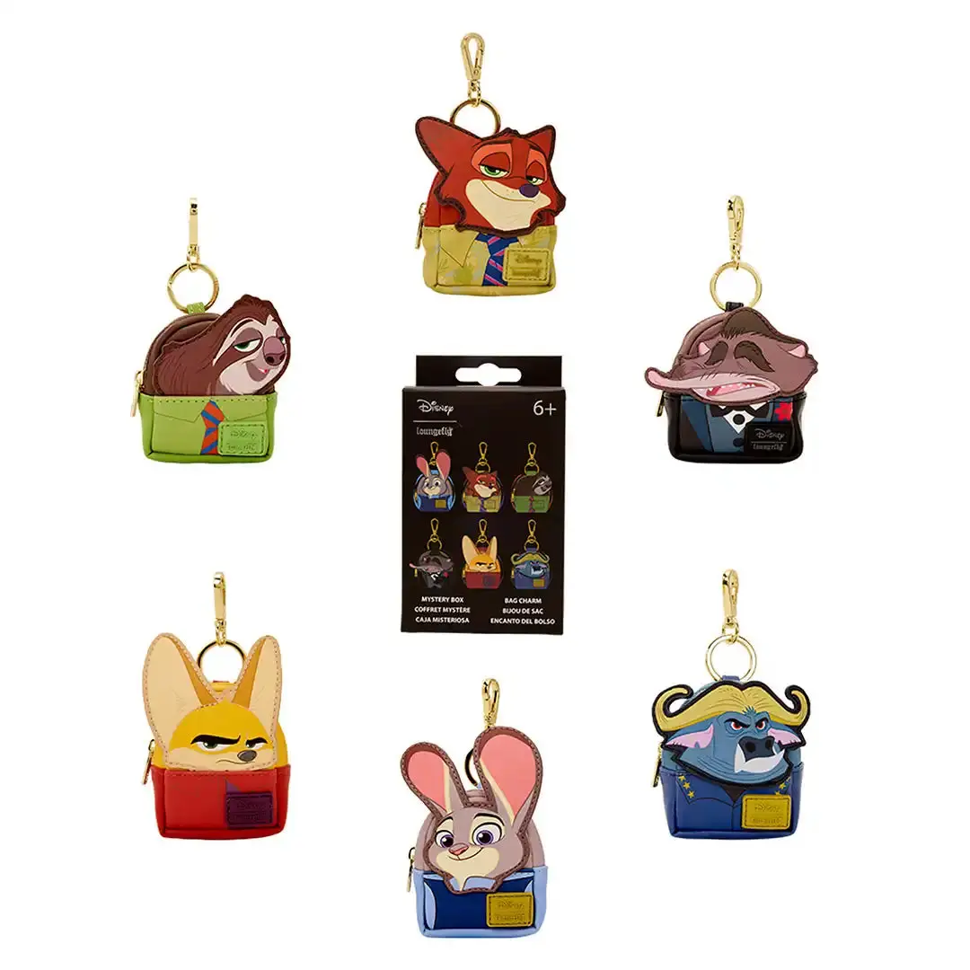 Loungefly Disney Zootopia Cosplay Faux Leather Mini Backpack Key-Ring Accessory, Collectible Mystery Blind Box Figure Charm, Keychain Accessory, Nick Wilde, Finnick, Collectibles, Zootopia Surprise, Unisex, Everyday, Appliqué Detail
