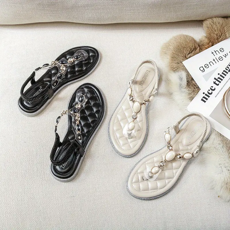 Women's Summer Flat Roman Sandals - Slip-On Mary Jane Straps with Accents, Breathable Microfiber & Non-Slip Rubber Sole, Casual Chic for Beach, Travel, Daily Wear (Asian Sizes), Strappy Sandals, Vacation Shoes, Stylish Flats, Lightweight Footwear, Travel