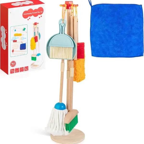 Kids Cleaning Set, 8 Pcs Wooden Housekeeping Play Set Includes Broom Mop Duster Dustpan Brushes Rag and Organizing Stand, Cleaning Toys Gift for Toddlers Girls Boys Age 3-6, Solid Beech Wood