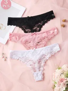 Women's 3-Pack Sexy Lace Patchwork Thong Panties Comfortable Soft Skin-Friendly Underwear Multicolor Low Rise Knitted Fabric