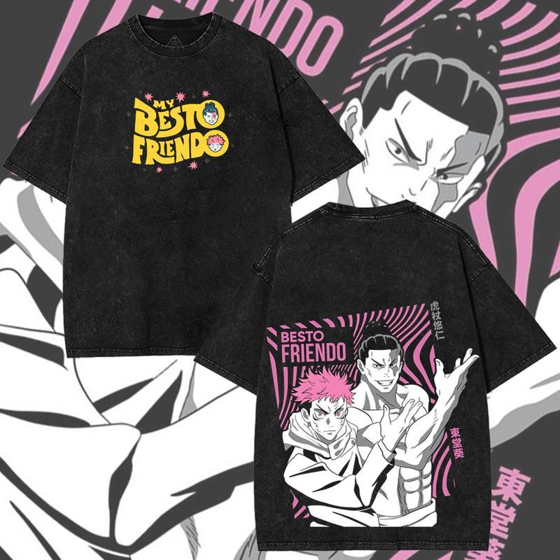 Retro Limited My Besto Friendo Todo Itadori JJK Jujutsu Kaisen Anime Double-Sided Printed Vintage Oversized Washed Graphic T-Shirt, Casual Y2K Oversize Anime Manga Acid Wash Graphic Tee, Unisex Cotton Streetwear Otaku Top Fit, Gift For Fan Anime Lover