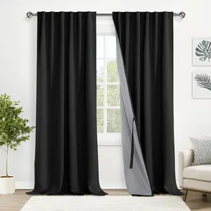 XWZO 100% Blackout Curtains - Long Rod & Back Tab Thermal Black Liner Curtains, Noise Reducing and Heat Blocking Drapes for Bedroom with Tiebacks, Black, W52 x L108, Set of 2