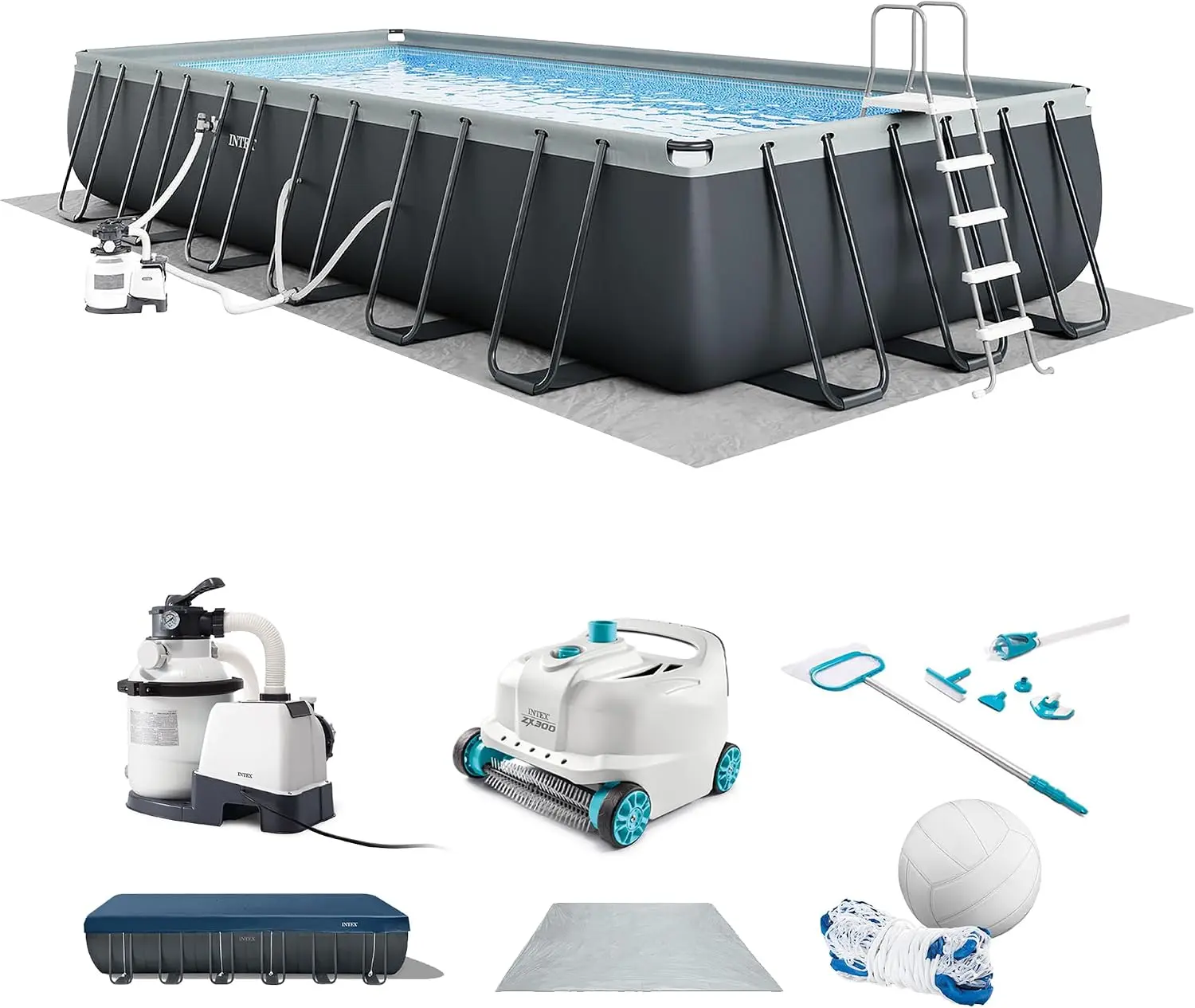 INTEX Ultra XTR 24ft x 12ft x 52in Above Ground Swimming Pool Set Bundle | 26367EH - 2100 GPH Sand Filter Pump, Ladder, Pool Cover & Ground Cloth with Deluxe Automatic Vacuum Cleaner Included