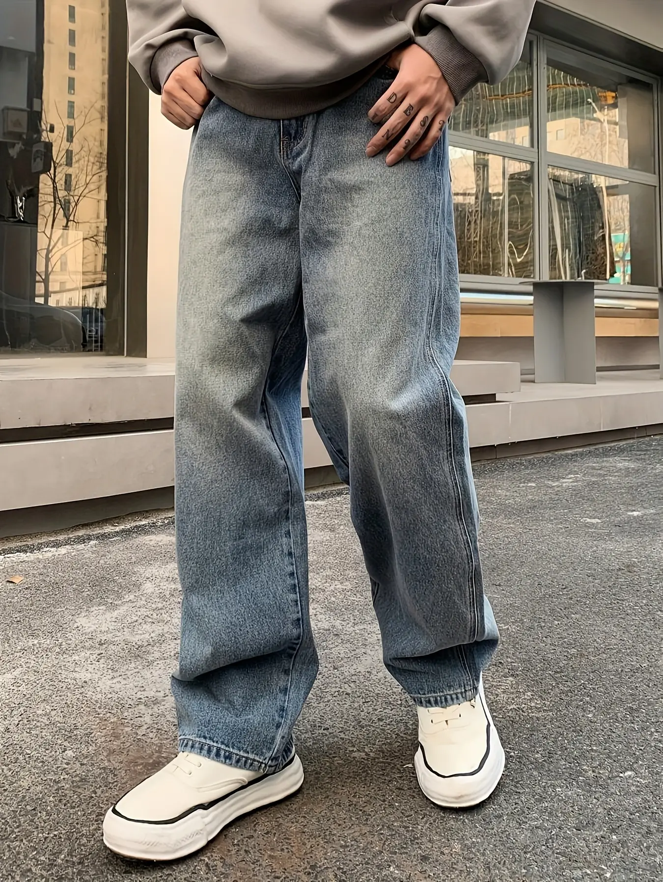 Men's Baggy Jeans, Loose Slouchy Fit Clothes in Smooth Washed Denim with Pockets, Basic Solid Color for Casual Wear, Fabric, Menswear, Plain, Rayon, Regular Length, Cotton, Pants, Pockets For Carry, Roomy Loose Fit, Washed Denim Look, Streetwear, Dry Clea
