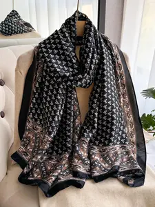 Trendy Women's Floral Print Soft Warm Shawl, Lightweight Satin Scarf for Outdoor Use, Fashion Accessory for All Seasons, Floral Pattern Shawl, Boho Shawl, Boho Style Scarf