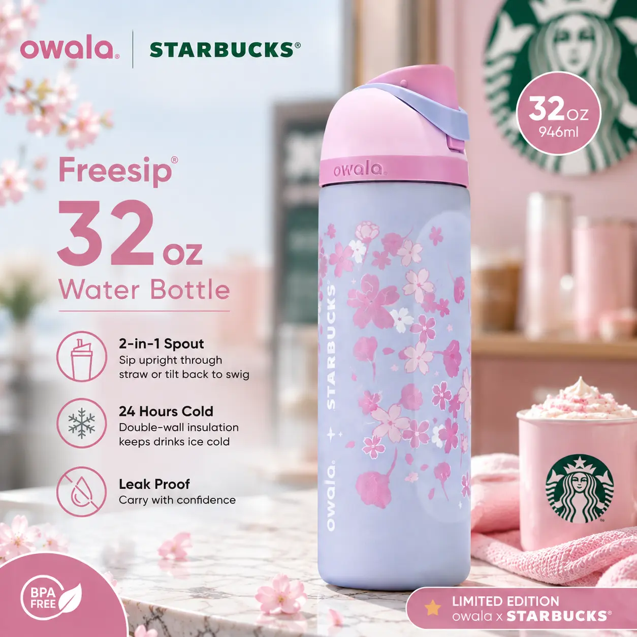 Limited Edition Owala Cherry Blossom FreeSip 32oz Insulated Water Bottle BPA Free Leakproof, Gift For Her, Gift For Him