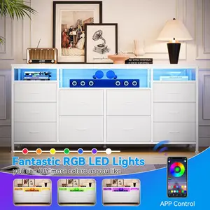 10 Drawer Dresser TV Stand for 65 70 75 Inch TV, 63" W Long Fabric Dresser Entertainment Center, Chest of Drawers Dresser for Bedroom with Led Lights & Power Outlets