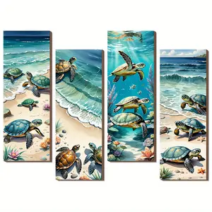 2D flat, 4-piece rustic wooden turtle wall art set, marine theme, frameless wall decoration, suitable for living room, bathroom, bedroom - English text, 2D flat, perfect for room decoration