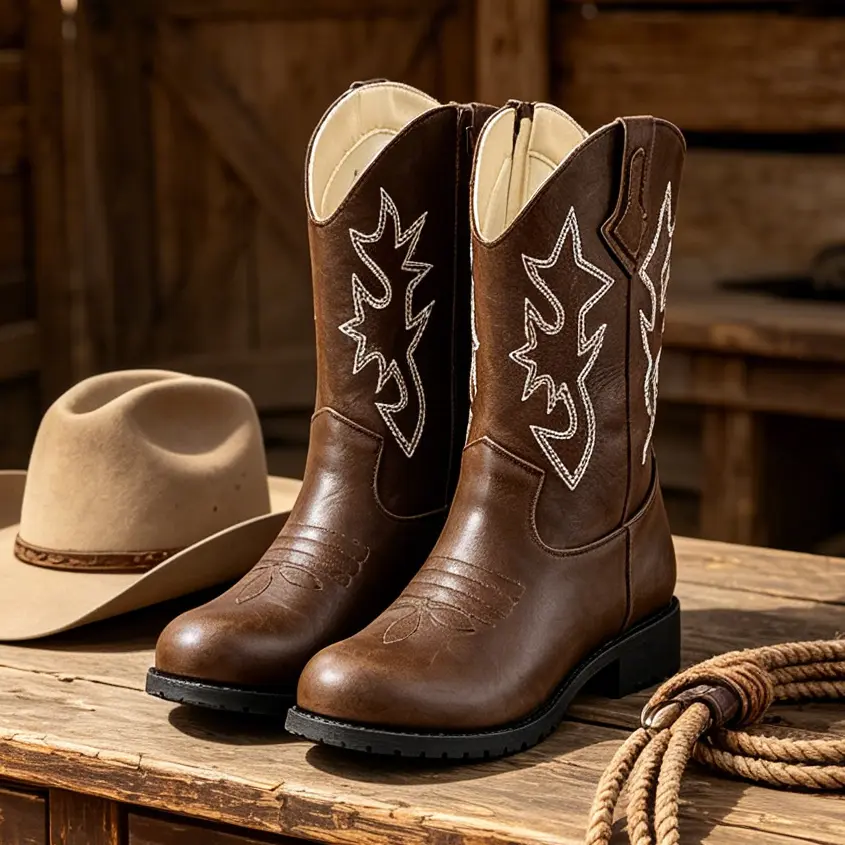 Rosyclo Kids Glitter Embroidered Western Cowgirl Boots Mid-Calf Design Side Zipper Easy On Anti-Slip Soft Sole for Daily Party Outdoor Wear