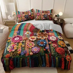 Colorful Crochet Flower Print Bedding Set, 3-Piece Farmhouse Style, Perfect for Cozy Bedroom Decor & Gift Choice