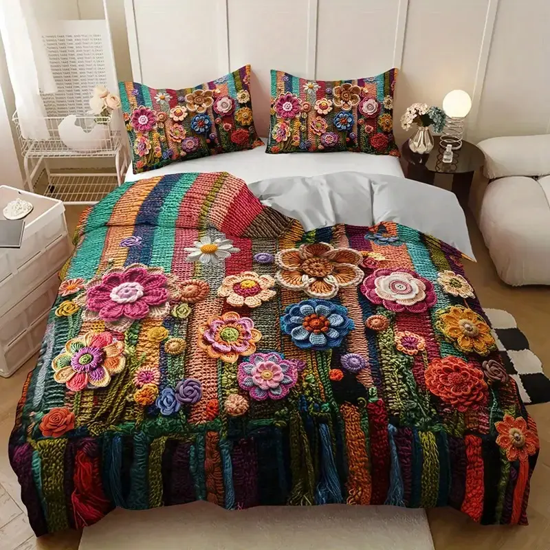 Colorful Crochet Flower Print Decorative Bedding Set, 3-Piece Farmhouse Style, Perfect for Cozy Bedroom Decor & Gift Choice, Floral Bedding Sets