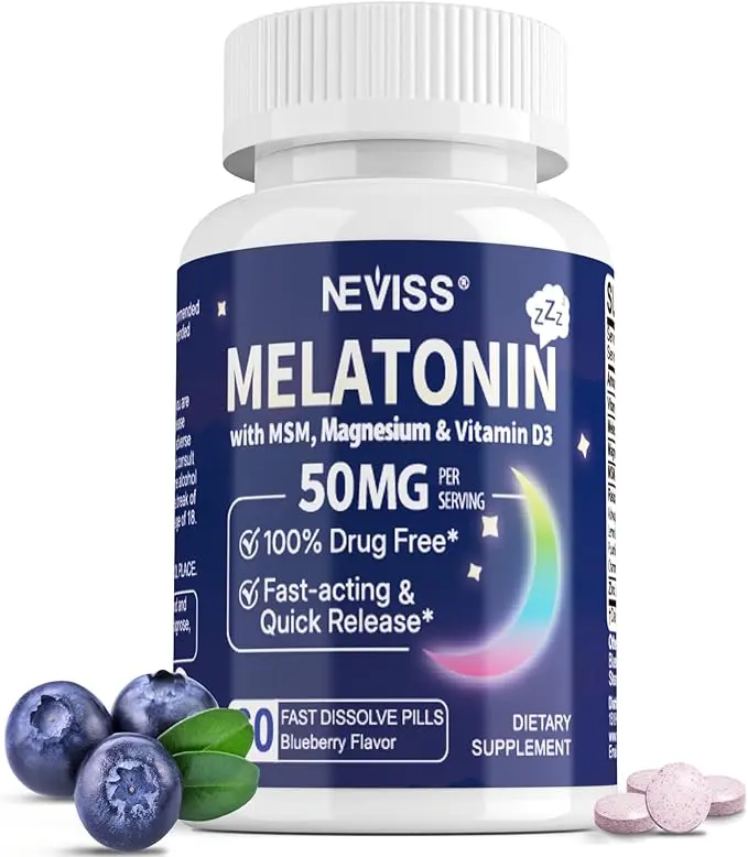 NEVISS Melatonin 50 mg for Adults - Extra Strength 9-in-1 Fast Dissolve Sublingual - High Dose with Magnesium Glycinate, Vitamin D3, Ashwagandha, Lemon Balm, Chamomile, Sugar Free, Vegan,60 Tablets