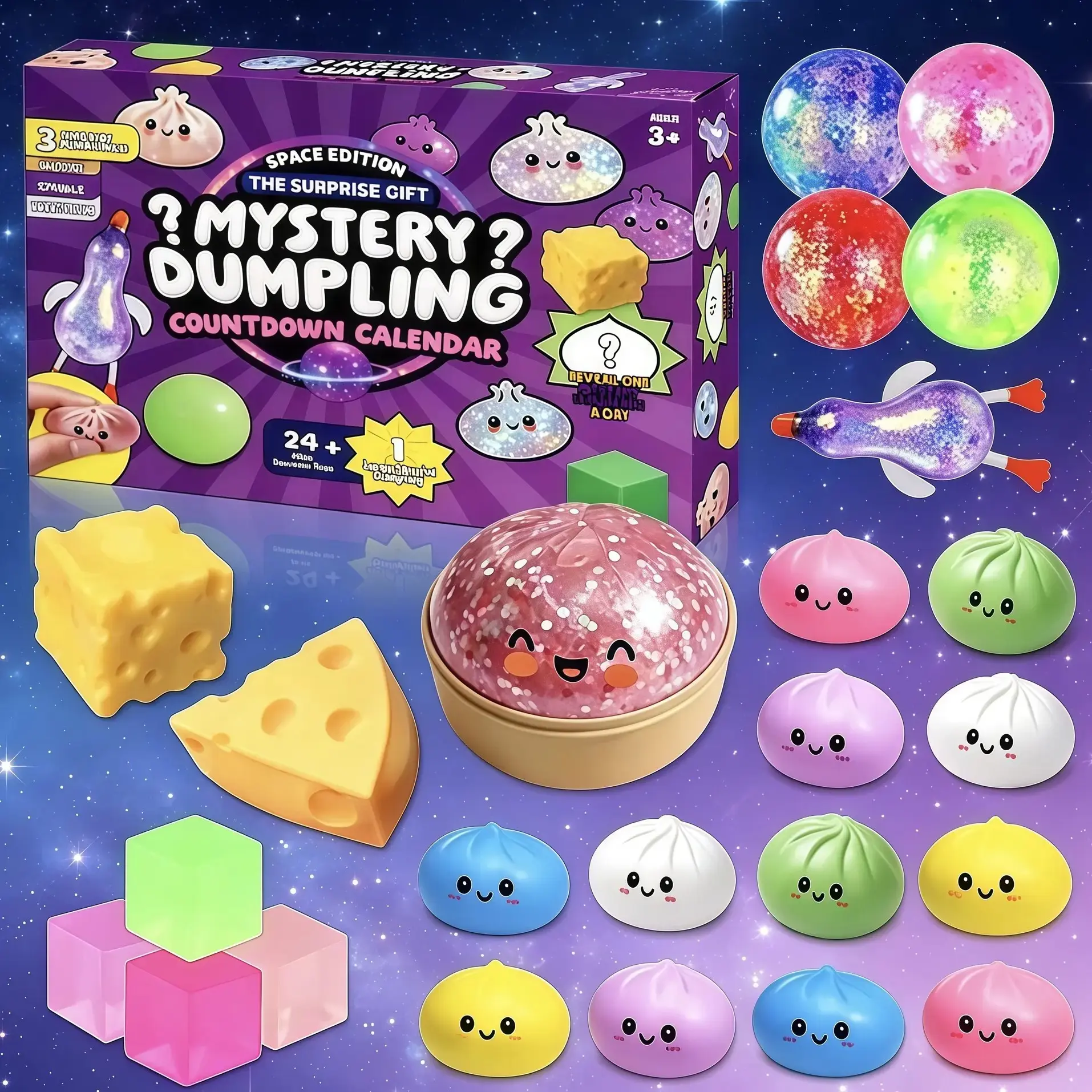 24Pcs Dumpling Squishy Toy Surprise Gift Box, Soft Tactile Hand Play Stress Relief Toys, Cute Food Ornaments, Birthday & Party Gift for Teens