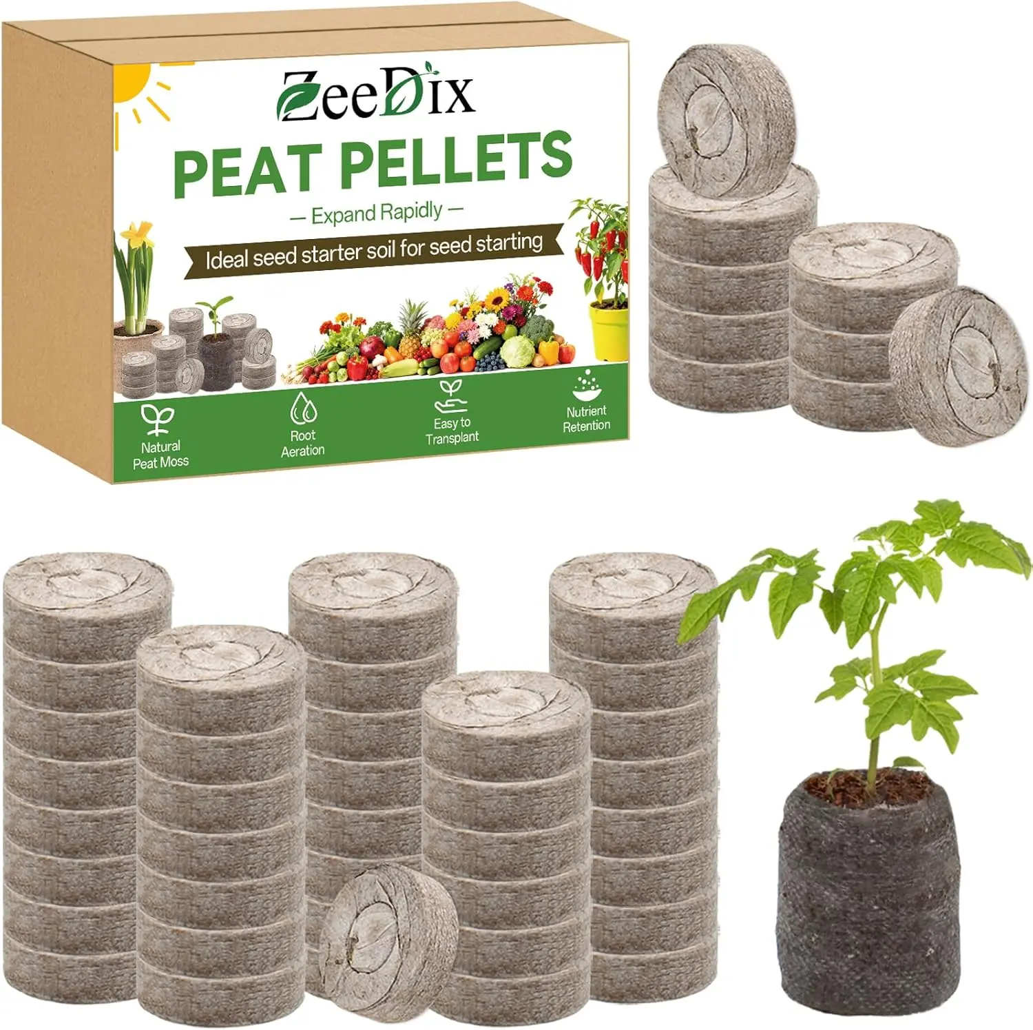 ZeeDix 55Pcs 30mm Seed Starter Pods, Compressed Peat Pellets Seed Starter Soil for Seed Starting, Growing Vegetables, Herbs & Flowers, Indoor Outdoor Gardening Transplanting