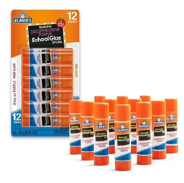 Elmer's Disappearing Purple Washable School Glue Sticks - 6g, 12 Count, 5-Minute Dry Time, Easy to Clean for Classroom Arts, Crafts & School Projects