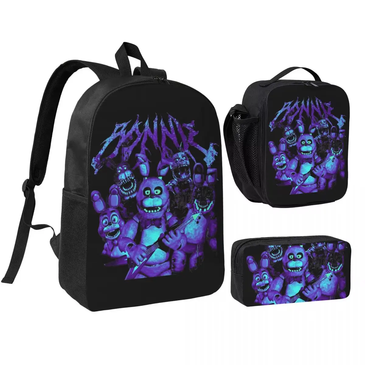 FNAF Movie Cartoon 3-Piece Canvas Backpack Set, Teenage Lunch Bag, Pencil Case
