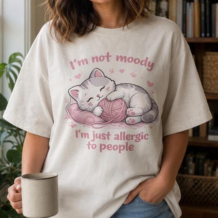 Women's 100% Cotton Graphic Print Funny Cat Introvert T-Shirt - Short Sleeves, Round Neck, Drop Shoulders, Baggy Oversize, Allergy Humor, Sarcastic Pet Lover Casual Wear Streetwear Top