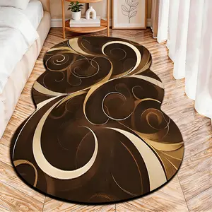 2D Flat velvet irregular rug with brown gold spiral line abstract pattern, machine washable non-slip carpet for bedroom, all seasons & holiday decor, durable & easy to clean.