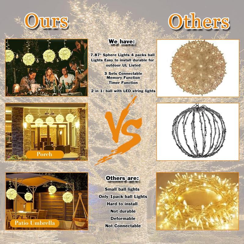 Outdoor Christmas Balls Lights Tree Lights Waterproof, 4 Pack 7.87" LED Hanging Globe Sphere Lights with 8 Lighting Modes Memory Timer Plug for Party Wedding Xmas Porch Patio Garden Yard Decorations