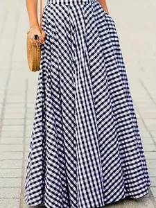 Elegant Plaid Midi Dress, Skirt, High Waist A-Line with Pockets, Versatile Casual to Formal Wear, Fashionable Trendy
