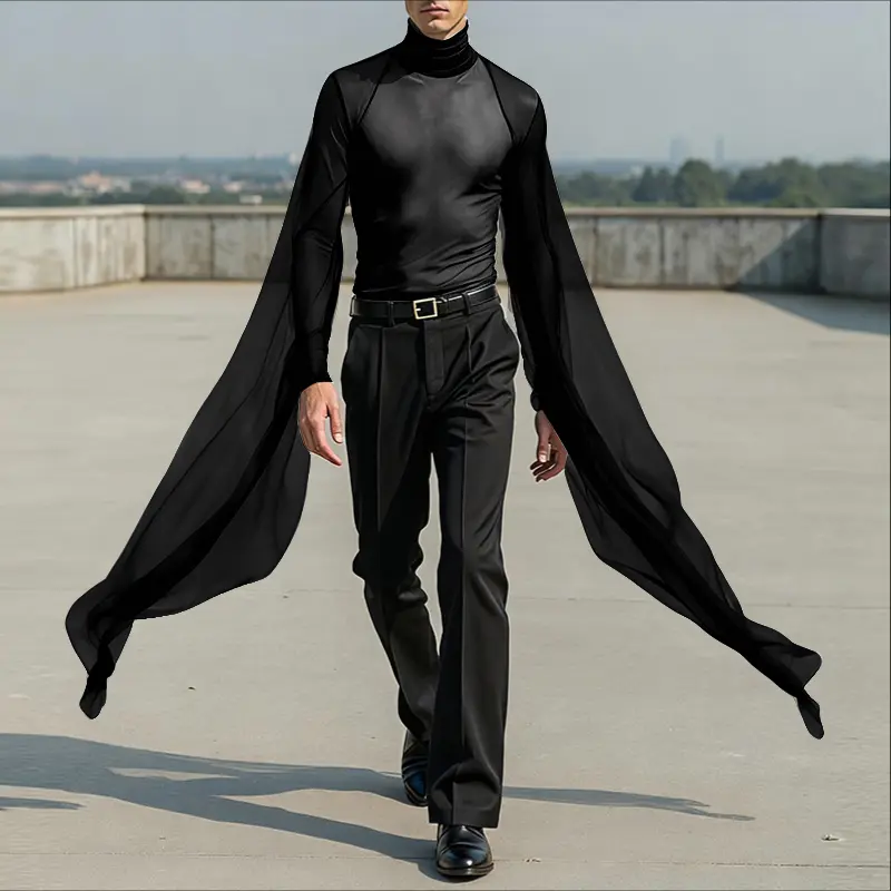 INCERUN Men's High-Neck Goth Woven Top - Fitted Body, Flowing Chiffon Long Sleeves - Goth Clothes, Cosplay Costume for Modern Dance Stage Wear, Artistic Photography, Garment, Menswear, Dramatic Chiffon