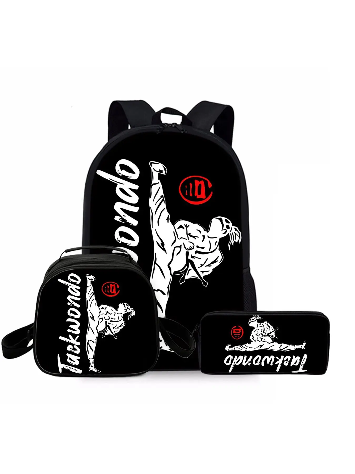 Taekwondo printed backpack three-piece set, including lunch bag, pencil case, and backpack