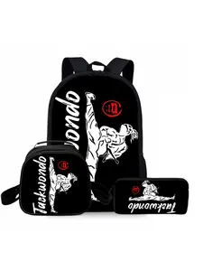 Taekwondo printed backpack three-piece set, including lunch bag, pencil case, and backpack