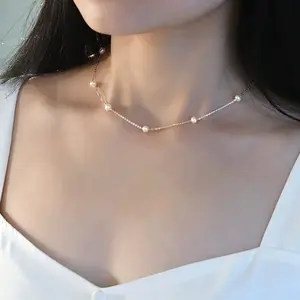 Dainty Freshwater Pearls Satellite Necklace with S925 Sterling Silver Chain, Wedding Y Lariat Pearl Necklace