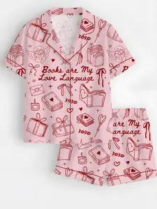 Books Are My Love Language Satin Pajama Set for Women, Book Lover Valentine Gift, Pink Silky Sleepwear, Short Sleeve Button Up Cozy Pajamas, Cute Reading Lover Loungewear, Romantic Bookish PJs