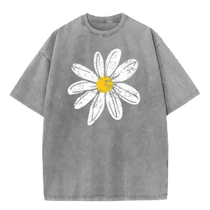 Holafish Unisex Baggy T-Shirt Cotton Fabric with Daisy Print Drop Shoulder Design for Vintage Hip Hop Streetwear summervibes