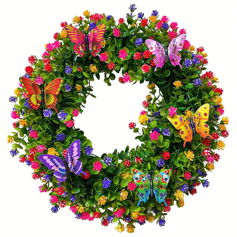 ZMOCEN Artificial Spring/Summer Wreath With Butterfly Decorations, Suitable For All Seasons Including Home Décor, Front Door Decoration, Outdoor Patio, Wedding Party Setup, And Valentine's Day Gift. Reusable And Durable.