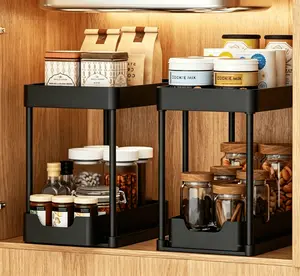 2 Pack Upgraded 2 Tier Under Sink Organizer with Slide Out Drawers, 50 lbs Capacity Pull Out Cabinet Organizer with Hooks & Cups, Tool-Free Assembly Under Sink Storage for Kitchen Bathroom