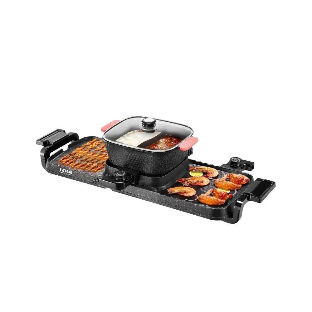 VEVOR 2-in-1 Electric Smokeless Hot Pot + Grill, 2300W, 3.25L, 9.45x8.66in Removable Non-stick Pan, Adjustable 2-zone Temp Dial, Dual Zone Cook, Indoor Use, 1-6 People, Father's Day Gift Kitchen Appliance