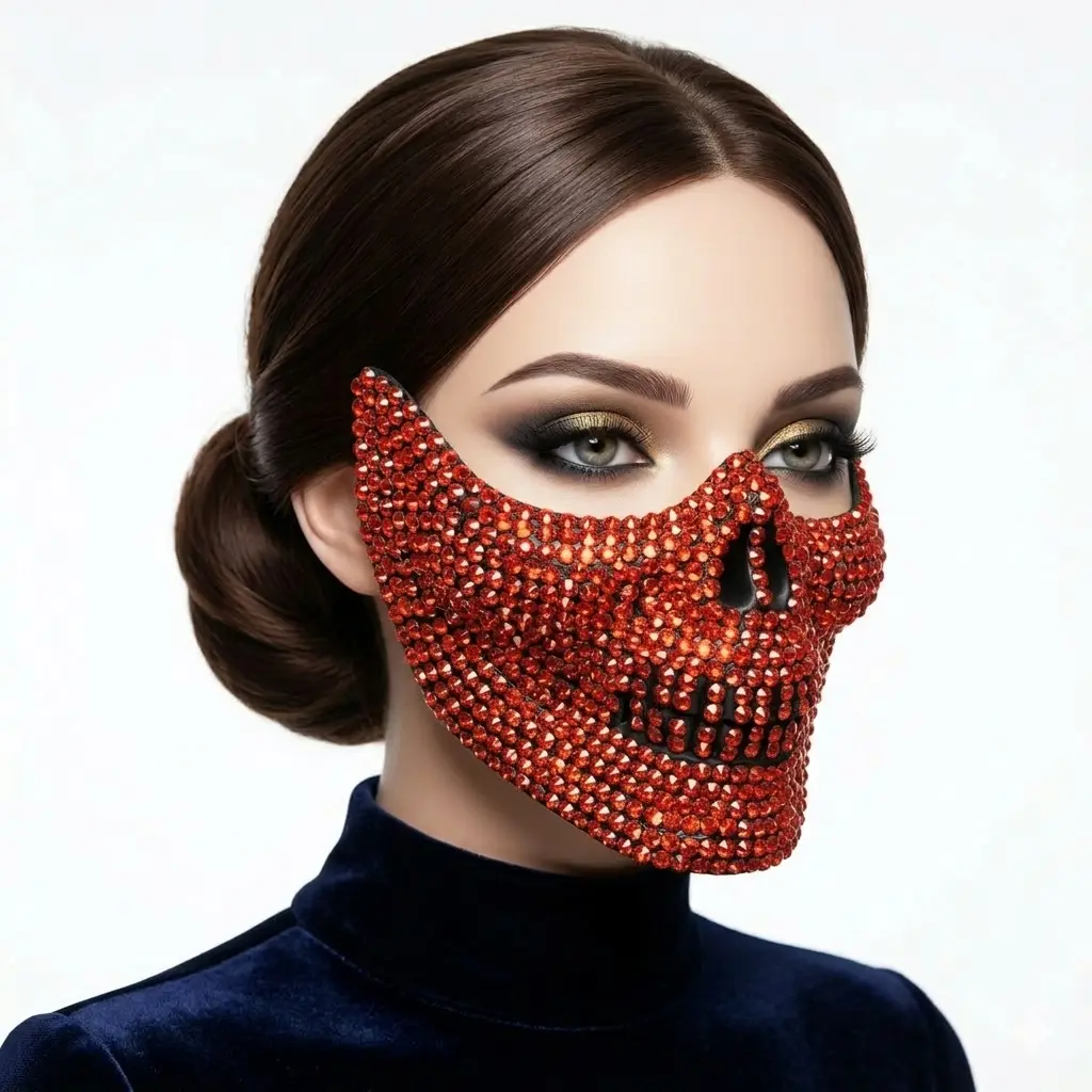 Masquerade Party Mask With Rhinestone Diamond Skull Teeth Jaw Mouth Half Face Red Masks For Halloween Costume Mardi Gras