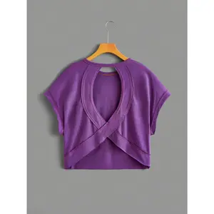 Women's Sporty Batwing Sleeve Back Cut-Out T-Shirt - Stretchy Polyester-Spandex Blend, Lightweight 180gsm, Round Neck, Machine Washable, All-Season Casual & Athletic Top