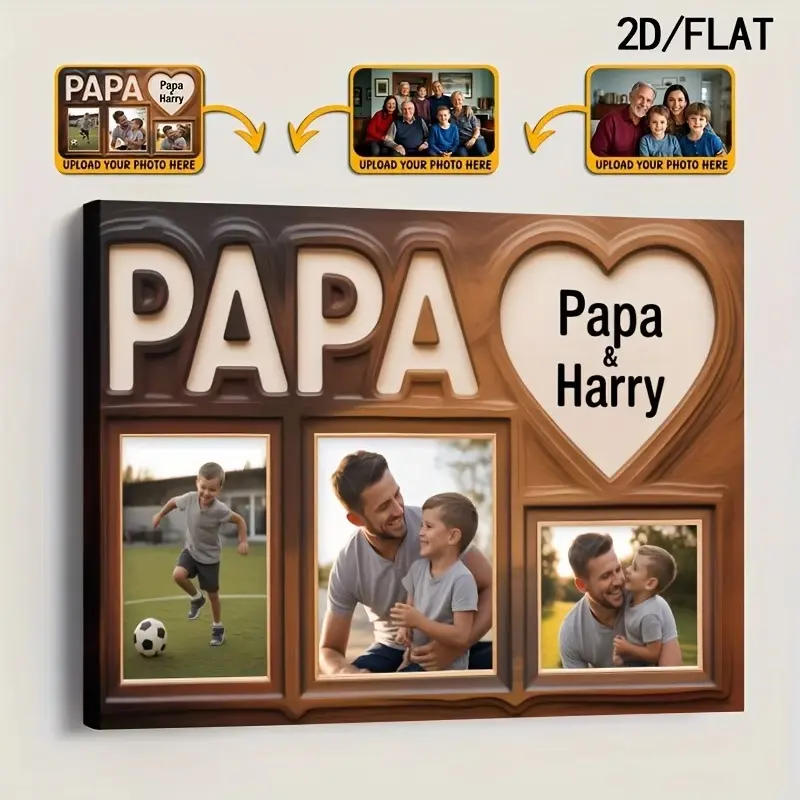2D Flat, 2D Flat, 2D Flat Single Sheet Art Featuring a Father And Son, Personalized with Name And Photo Upload, Heartwarming Gift for Dad, Canvas Wall Decor, Perfect for Father'S Day, Photo Collage with Papa, Memorial Frame Canvas for Dad
