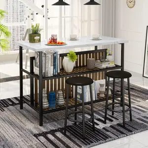 Hooseng 3-Piece Bar Table & Stools Set | Faux Marble Top Kitchen Island with 2 Open Storage Shelves | Easy Assembly & All Tools Included | Modern Dining Set for Kitchen, Dining Room & Small Spaces