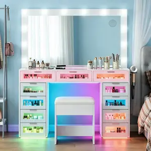 Vanity Desk with Makeup Mirror LED Lighted Vanity Table Bedroom Furniture Walk in Closet Dressing Table White Vanity Makeup Station Cosmetic Storage Vanity Set summervibes