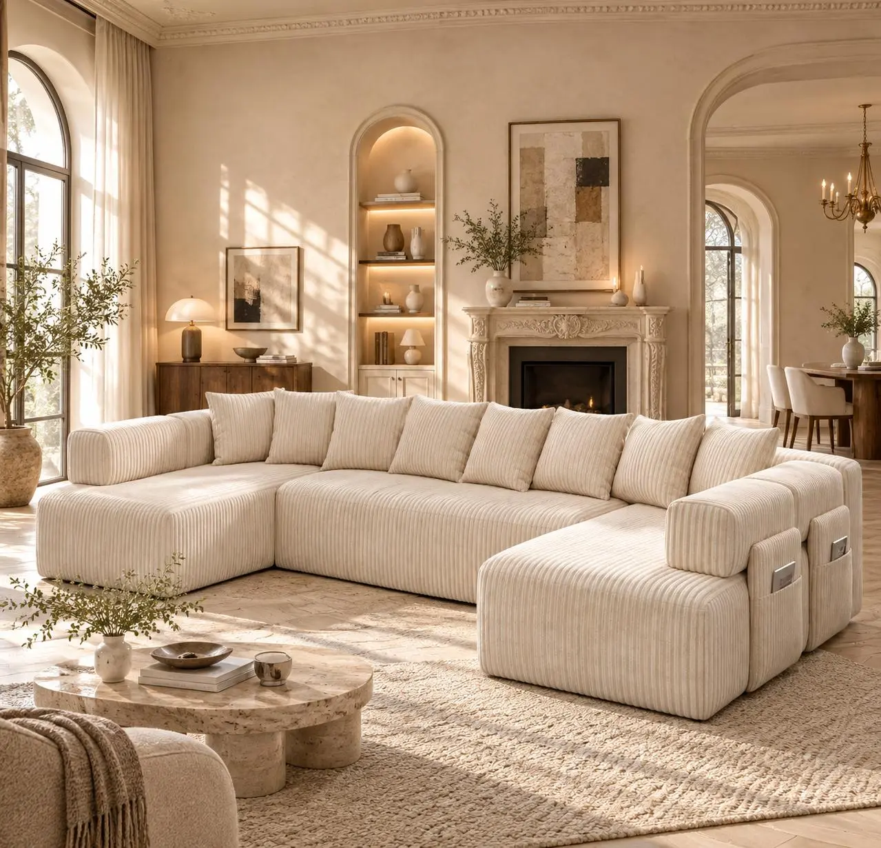 146''Corduroy Upholstery Boneless Cloud U-Shape Modular Sofa, Cozy Deep Seat Couch, No Assembly Required Indoor Home Furniture, Contemporary Living Room Sectional Sofa, Stable Durable Boneless Cloud Couch for Family Leisure Time.viral  couch  b