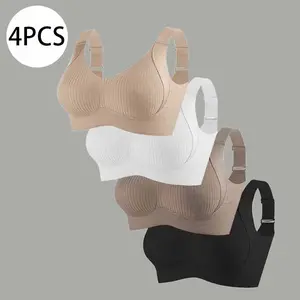 4PCS Women's Solid Wireless Bra - Comfortable Breathable Push Up Lingerie with Adjustable Straps, Removable Pads, Soft Lightweight for All Seasons & Daily Wear