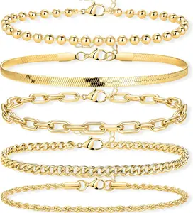 Gold Bracelets Set for Women Stack, Dainty Thick Bracelets Stack for Women Trendy, Simple Thin Gold Plated Cuff Stackable Bracelets With Beaded Cuban Paperclip Snake Rope Bangle Hand Chain Jewelry