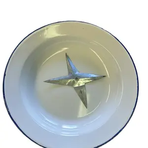Enamel Plate with Central Star Design White and Blue Rimmed Dish