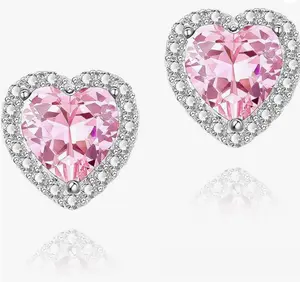 925 Sterling Silver 18k White Gold Plated 4.5ct Heart Ruby Sapphire Emarald Stud Earrings