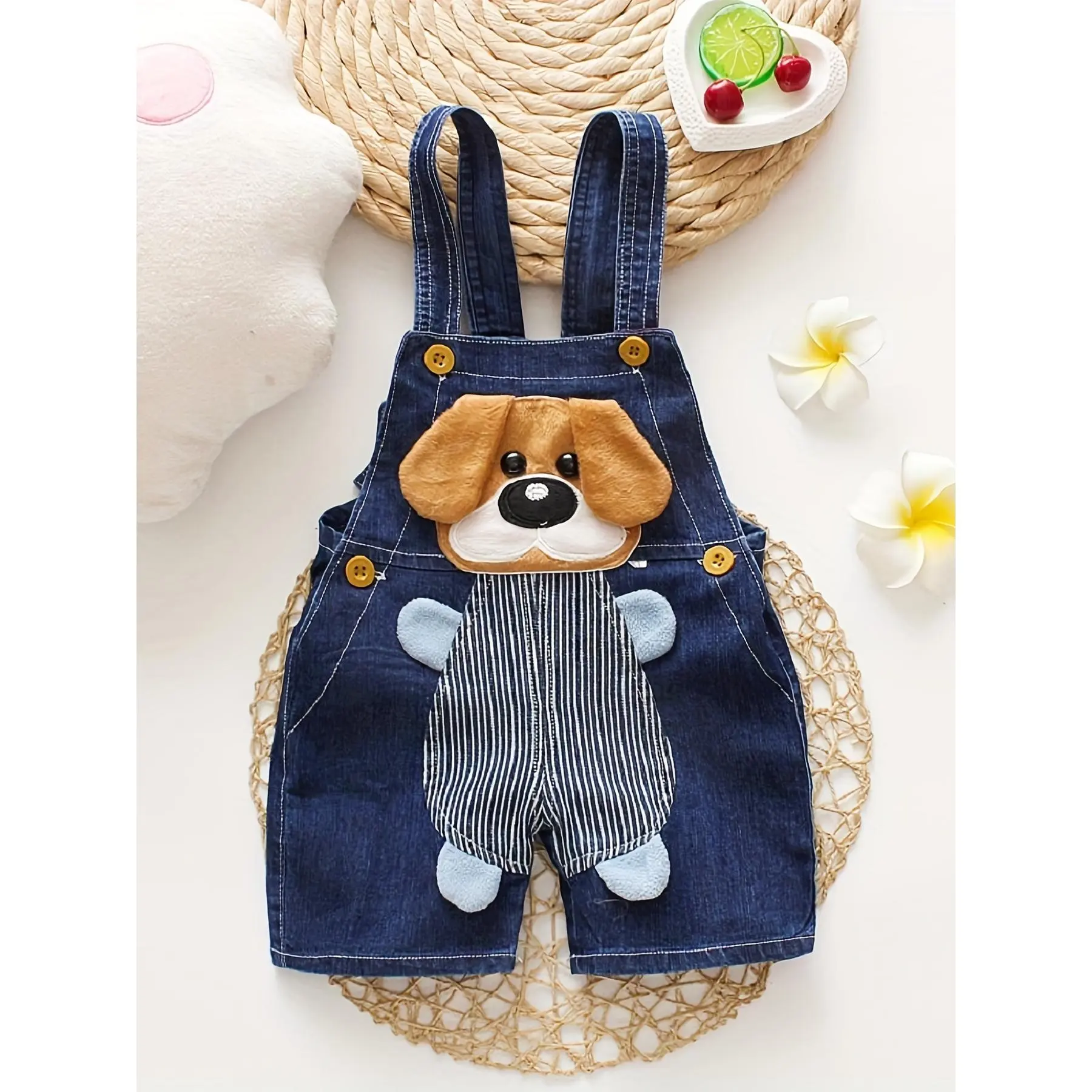 Boys' Short Overalls - Lightweight Cotton Denim, Cartoon Animal Pocket, Striped Adjustable Straps, Animal-Themed Summer Kids' Fashion Tops, Animal-Themed Boys' Overalls