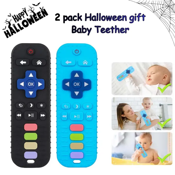 Baby Teether Toy for Babies 3-24 Months, TV Remote Control Teething Toy, Soft Silicone Chew Toy for Sore Gums, Infant Teething Relief, Black & Blue Halloween gift