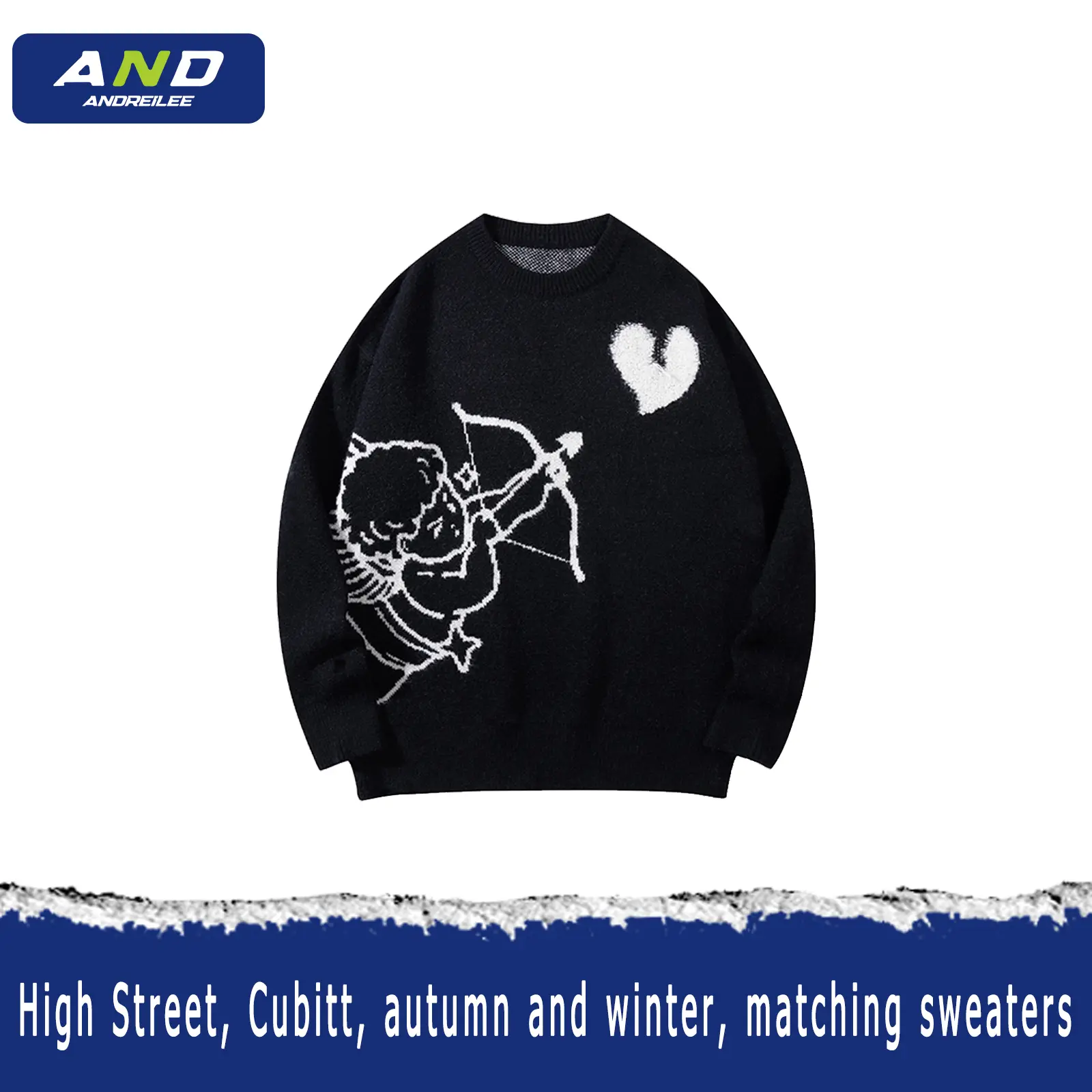 ANDREILEE Unisex Round Neck Street Style Loose Knitwear，Cute Angel Shooting Heart Jacquard Black Long Sleeve Sweater rodney's  sweater Winter Autumn