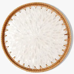 Round Rattan Tray with Mother of Pearl Inlay & Wooden Base - Decorative Wicker Serving Tray for Coffee/Bread/Fruits, Food Storage & Display - Multipurpose Home Decor (M,White Leaves)