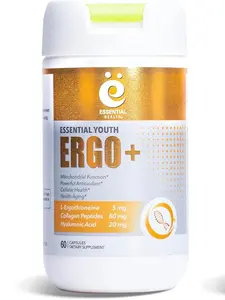 Essential Youth L-Ergothioneine with Collagen Peptides, Hyaluronic Acid, Vitamin C, and E – Promotes Longevity & Healthy Aging – Gluten-Free – Non-GMO - 60 Capsules