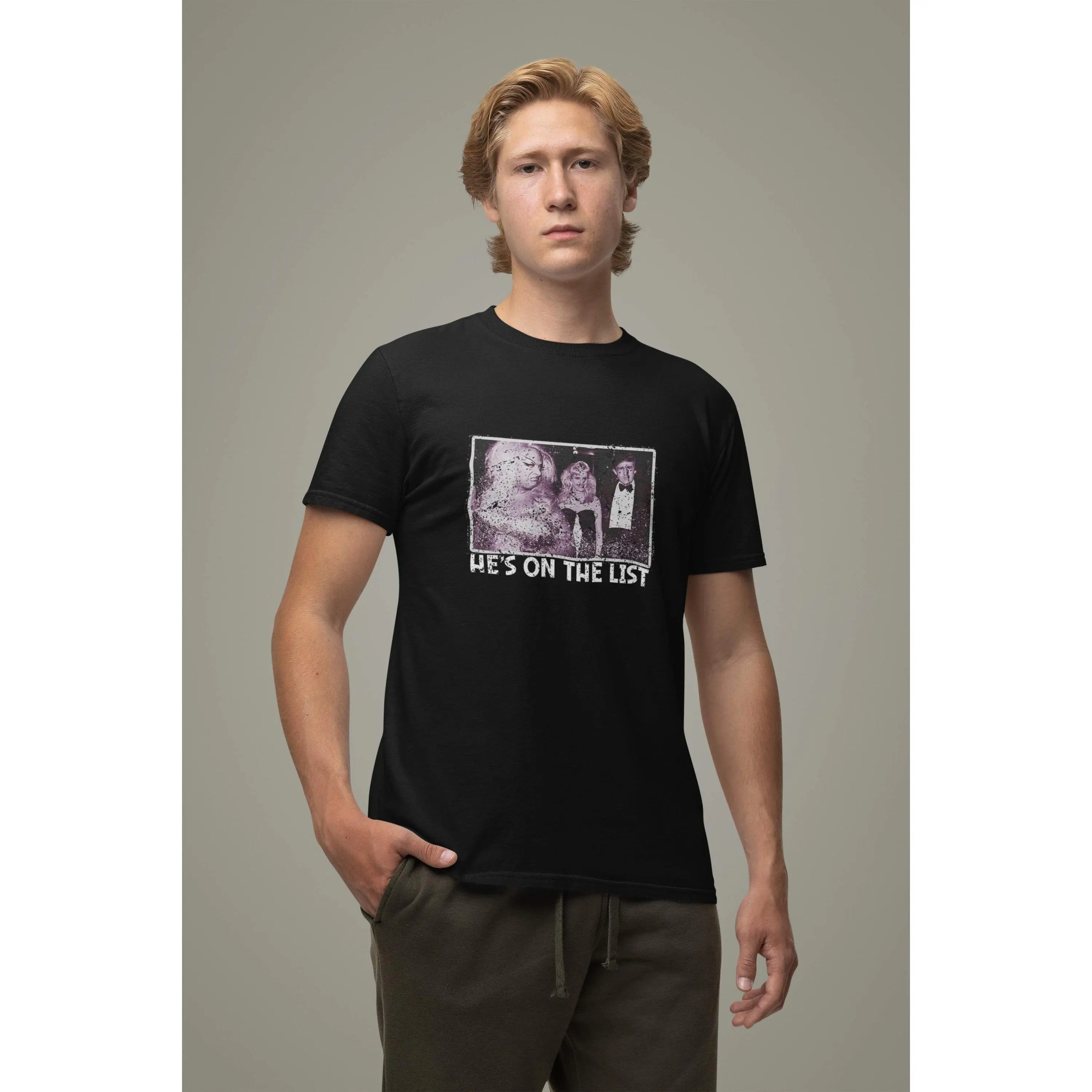 Women's Casual Divine "He's On The List" Distressed Short-Sleeve Cotton Top - Smooth, Ribbed, Seamless Fabric, Tops, Shortsleeve, Round Neck, Statement, Tshirt, Elastic, Knit, Cute Style, Strong Fabric Holds Print, Streetwear, Short Sleeves