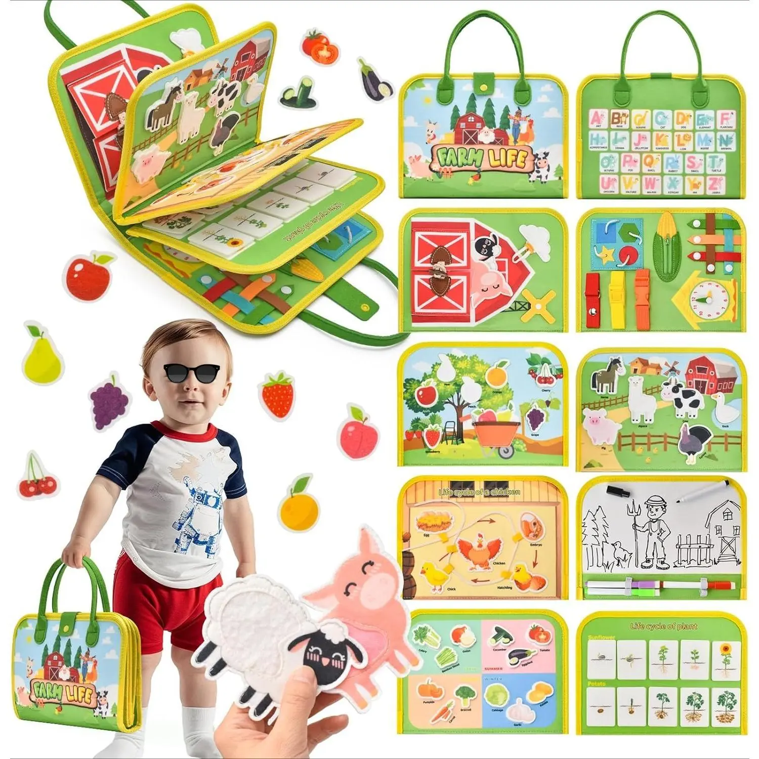 SQ-ITC016 DIY Felt Craft Toddler Busy Board: Montessori Sensory Wool Felt Activity Book for Kids 1-3, Customizable Farm-Themed Learning Toy, 8-Page Handmade Busy Book for Preschool Life Skills (Great Gift), Fruit, Montessori Method, 26 Elements, 2 - 3 Yea
